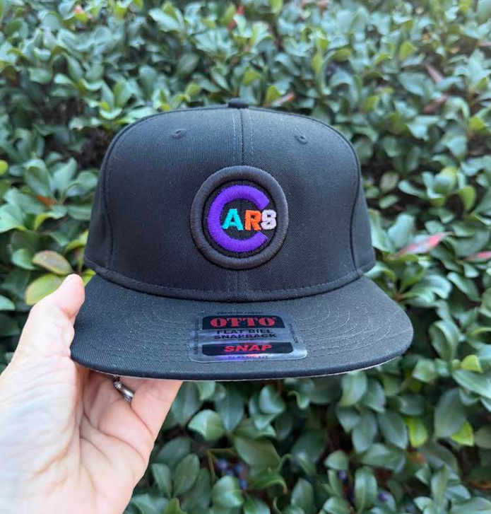 Black snapback hat with a custom embroidered logo patch, Virginia Beach