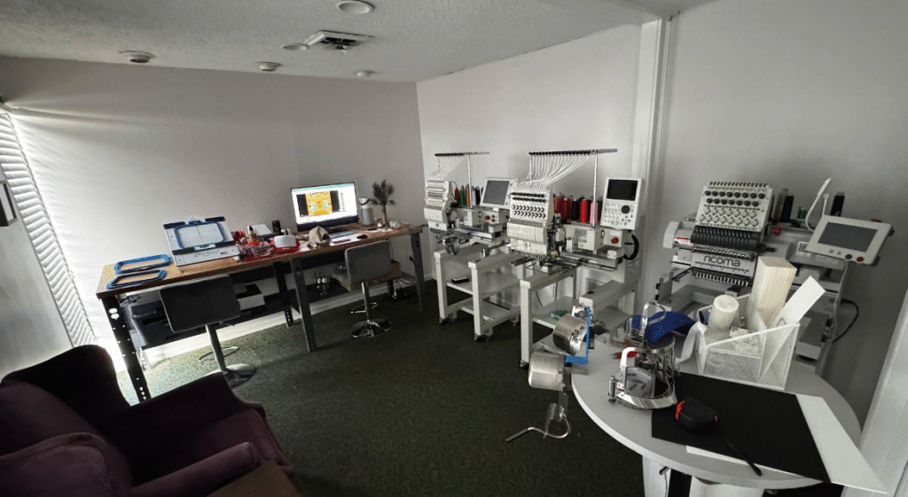 Embroidery machines and design workstation inside Ayshe Custom Embroidery Studio, Virginia Beach